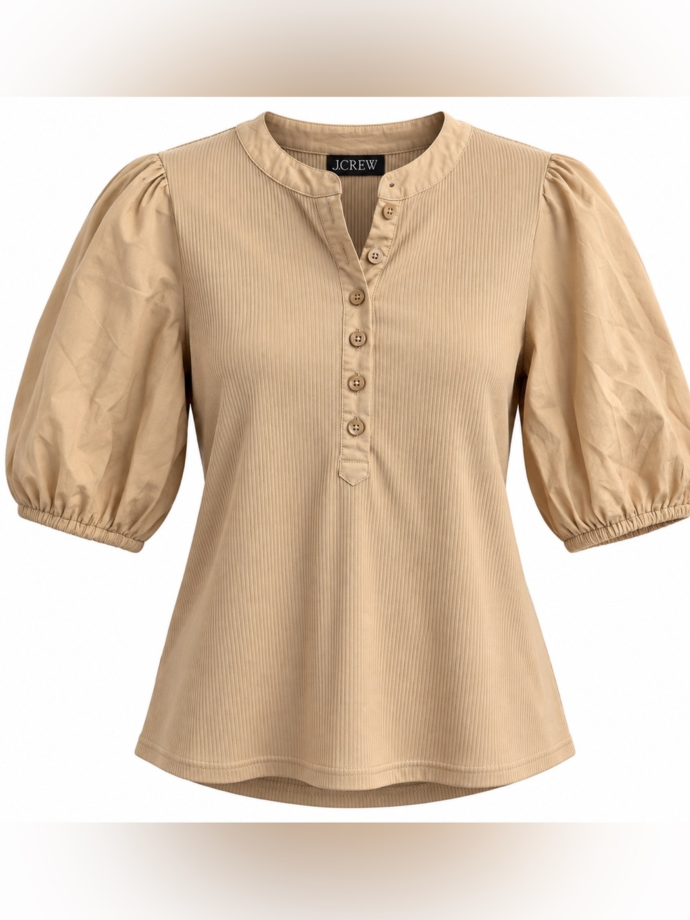 J. Crew Tan Puff-Sleeve Ribbed Henley Top 100% Cotton